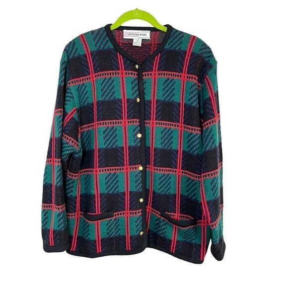 Crystal Kobe Sweaters - Retro Plaid Knit Sweater XL Red Mod Classic Preppy Boho Festive Holiday Chic 80s